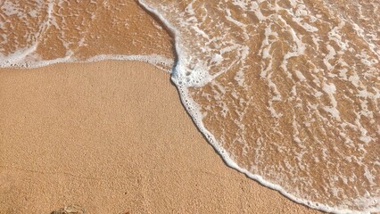 A serene beach scene with golden sand merging into gentle waves, capturing the essence of tranquility and nature's beauty.