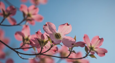 Fototapeta premium Blooming Pink Flowers Against Clear Blue Sky on Sunny Day
