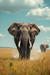 Obraz premium Elephant roams freely in misty savannah grasslands, wetland, nature