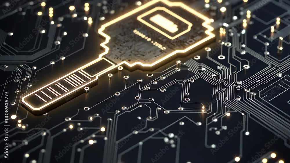 Poster key icon combined with computer circuit board design illuminated against dark background, key icon w
