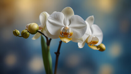 Obraz premium Elegant white orchids with vibrant yellow and orange centers in full bloom with unopened buds set against a softly blurred background of warm and cool tones