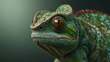 Fototapeta premium A close up shot of a chameleon with textured green skin turquoise bumps and a striking brown hued eye set against a soft blurred background