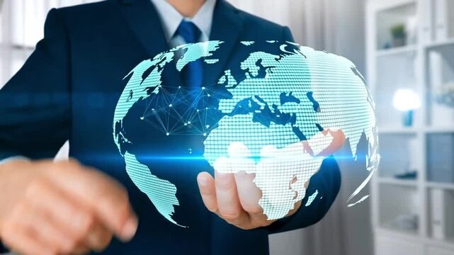 content management hand of man holding a global digital network connection hologram data-driven