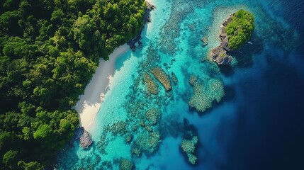 Aerial View of Tropical Island Paradise: Turquoise Waters, Lush Green Foliage, and Pristine Sandy Beach