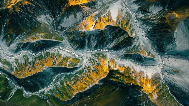 Aerial view of Bregaglia Valley revealing intricate river patterns and diverse landscapes in Maloja, Switzerland, Aerial Bregaglia valley Switzerland Maloja pass