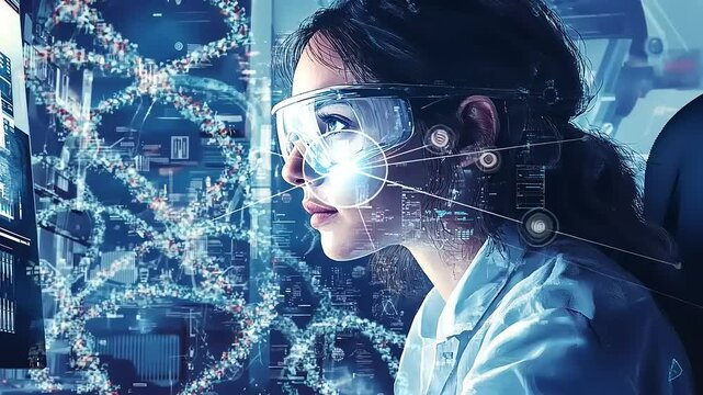 Female scientist analyzing DNA sequences in a high-tech lab with digital data overlays and equipment - Powered by Adobe