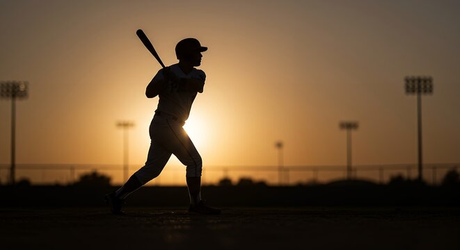 Baseball Player Swinging Bat at Sunset Silhouetted Figure