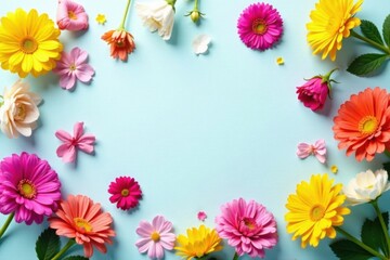 Brightly colored flowers scattered across a plain background, vibrant colors, bold graphics, colorful