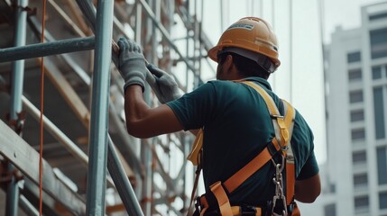 A construction worker securing a safety harness before climbing. Featuring safety and preparation