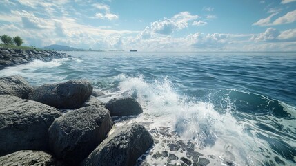 Coastal waves crashing on rocks, sunny day