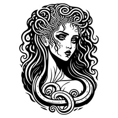 Mystic Woman Art with Ornamental Hair Illustration