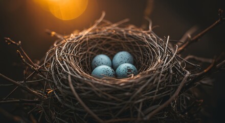 Obraz premium Bird Nest with Blue Eggs Closeup at Dusk Nature Concept