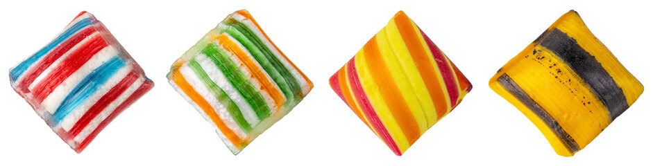 Candy. Colored hard candy. Sweets stripe pattern. Manufacture fruit, berry, sugar, delicious sweet. European candy store. Caramel confectionery. Yummy food. Macro food photo. Isolated background.