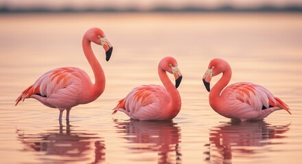 Naklejka premium Flamingos Wading in Water at Sunset with Reflections