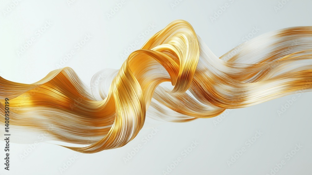 Poster Golden abstract brushstroke swirl floating on light background with smooth flowing texture and elegant metallic shine