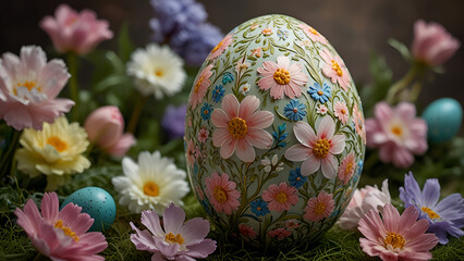 Fototapeta premium A stunning hand painted Easter egg featuring delicate pink blue and purple floral designs on a soft blue background surrounded by vibrant spring flowers in a lush arrangement