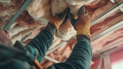 A construction worker securing insulation to a ceiling at a building site. Featuring focus and skill