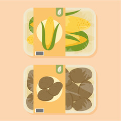 a pack of fresh corns and potatoes with plastic wrap