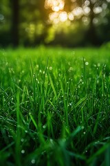 Close-up of Dew-Covered Grass with Sunlight Bokeh Background