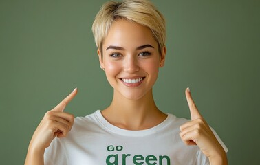 Smiling woman promoting environmental awareness with green message on white t-shirt