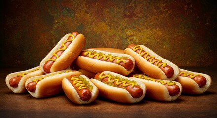 A Delicious Pile of Hot Dogs with Mustard and Relish