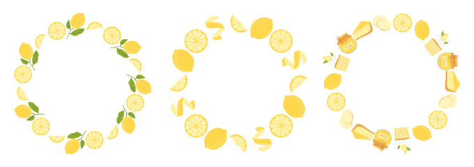 Lemons wreaths set, round frames collection, botanical vector illustrations. Lemon fruit, lemon desserts