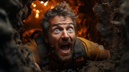 a rescue worker shouting into a hole in the ground while listening for any noise coming from a trapped person,generation ai illustration