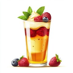 A refreshing honey pudding in a tall, modern glass, layered with fresh berries, mint leaves