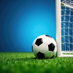 Soccer ball kicked into goal with net burst open in blue background, blue background, soccer