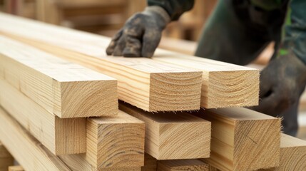 A construction worker preparing wood planks for cutting. Featuring focus and precision