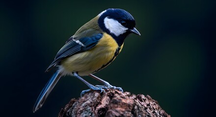 Obraz premium Great Tit Bird Perched on Wood with Vivid Yellow and Blue Plumage