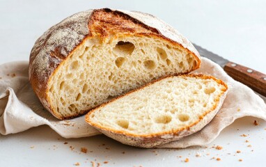 Naklejka premium Rustic Sourdough Bread Loaf on Linen Cloth