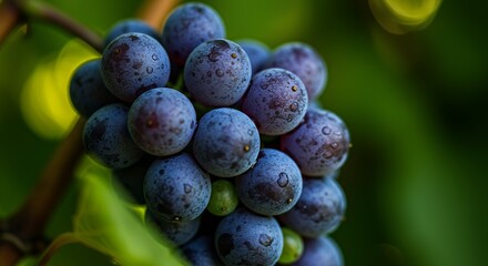 Close-up of Fresh Grapes with Water Droplets on Vine