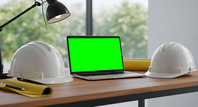 A modern workspace with two white hard hats, a laptop showing something, rolled blueprints, a pen, and a desk lamp, situated near large windows with sunlight and greenery outside.