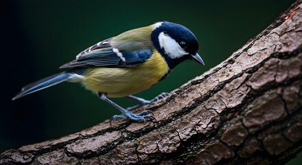 Fototapeta premium Great Tit Bird Perching on Tree Branch in Forest Environment