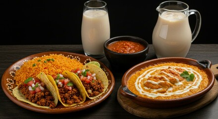 Delicious Mexican Food Platter: Tacos, Rice, Creamy Dish, and Horchata