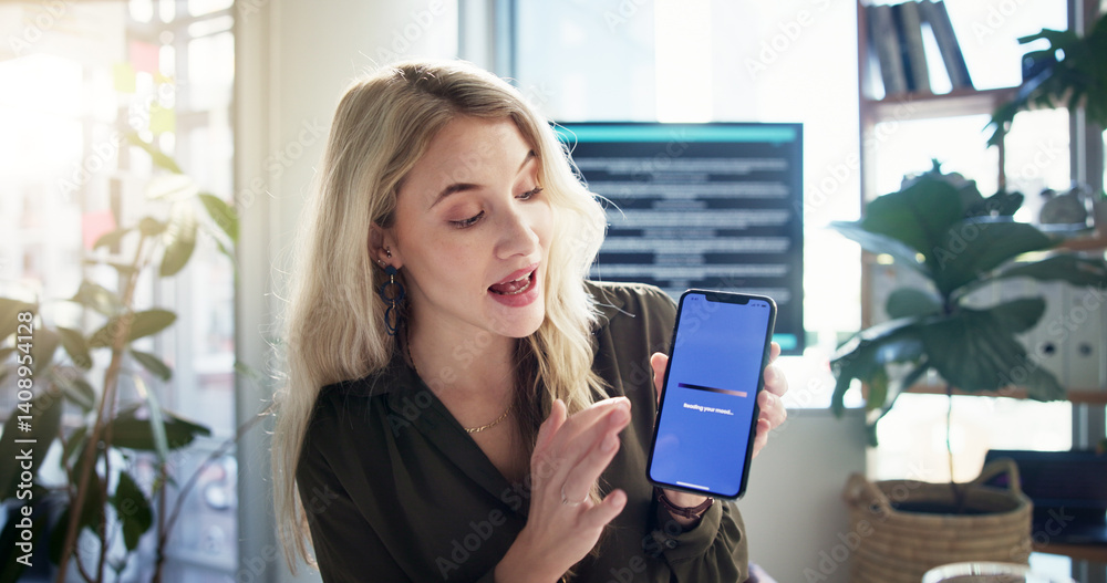 Poster phone screen, business woman and presentation for software, investment pitch or funding for mood rea