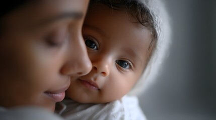 Tender newborn and parent bonding moment with eye contact