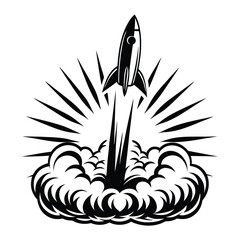 Rocket Launching Through Clouds Black and White Illustration, Smoke Trail, Retro Style © Shipon