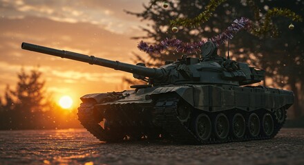 Tank with Holiday Decorations at Sunset Outdoor Scene