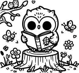 Owl with a Spring Book. Coloring Book Page. Cartoon Illustration.
