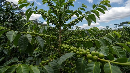 A scenic coffee plantation under a clear blue sky, with lush green coffee plants stretching across the landscape. Peaceful, vibrant, and full of natural beauty.