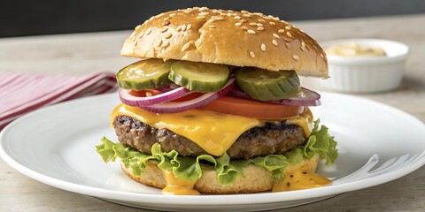Juicy Cheeseburger with Sesame Seed Bun Topped with Pickles Onions and Lettuce