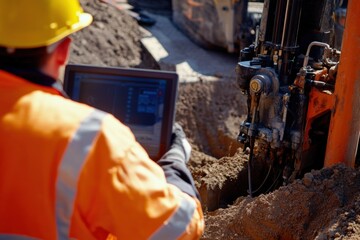 A trenchless technology operator guiding a directional drill. Featuring underground utility work