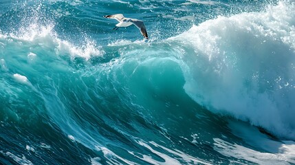 Fototapeta premium Powerful ocean waves crashing over a seagull in flight.