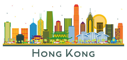 Hong Kong China City Skyline with Color Buildings isolated on white. Business Travel and Tourism Concept with Modern Architecture. Hong Kong Cityscape with Landmarks.