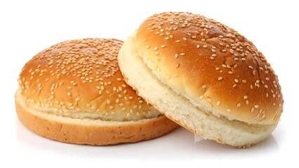 Two Sesame Seed Burger Buns Close Up on White Background Delicious Bakery Product Fresh Bread