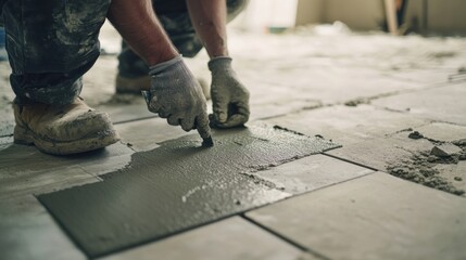 Fototapeta premium A construction worker spreading mortar between tiles. Featuring meticulous work and technique