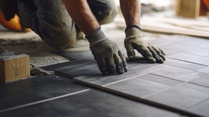 A construction worker spreading mortar between tiles. Featuring meticulous work and technique