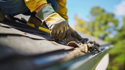 Roofer cleaning roof gutters at a construction site. Featuring focus and attention to detail